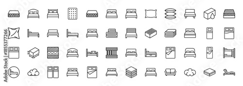 Bedroom furniture line icon set. Vector pictograms of bed, mattress, pillow, blanket, bunk, sofa, orthopedic foam and sleeping accessories, thin outline illustration.
