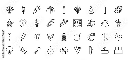 Fireworks and celebration line icon set. Vector pictograms of rocket, sparkler, firecracker, burst, confetti, candle, bomb and party hat, thin outline illustration.