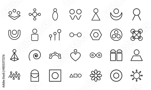 Abstract minimalist icon set. Vector pictograms of geometric shapes, human figures, spiral, heart, sun, flower, infinity, and network symbols, thin line illustration.