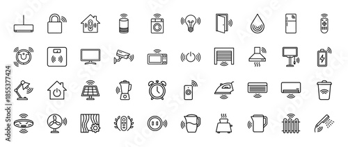 Smart home automation line icon set. Vector pictograms of camera, thermostat, lock, speaker, vacuum, bulb, appliance and sensor, thin outline illustration.