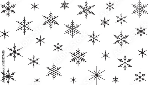 Scattered black stylized snowflakes seamless tiling background for winter