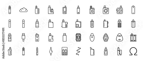 Electronic cigarette line icon set. Vector pictograms of vape pen, liquid bottle, coil, battery, smoke cloud, charger, atomizer, mod, thin outline illustration.