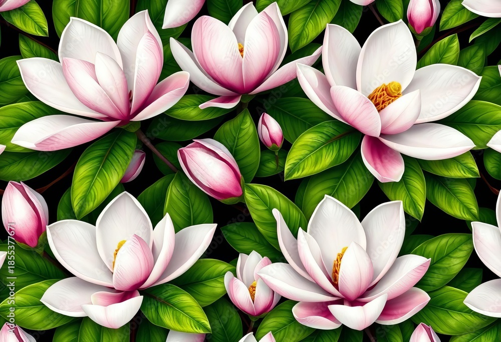 Fototapeta premium Elegant magnolia blossom repeat pattern, showcasing delicate petals and lush green leaves, romantic, delicate