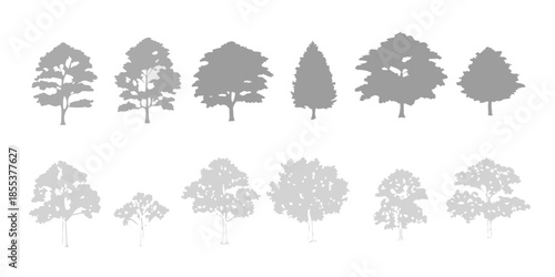 Silhouettes of various trees arranged in two horizontal rows