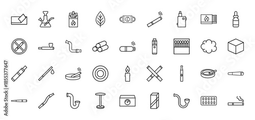 Smoking and vaping line icon set. Vector pictograms of cigarette, vape, hookah, tobacco leaf, lighter, matchbox, smoke cloud, pipe and ashtray, thin outline illustration.