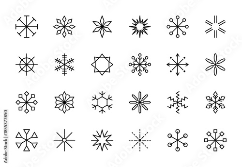 Winter snowflake line icon set. Vector pictograms of snow crystals, ice shapes, frost patterns, geometric stars, christmas decoration, thin outline illustration.