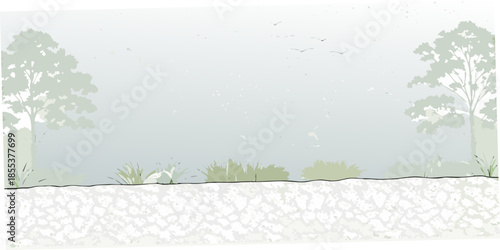 A simplified illustration of a foggy landscape with trees and sparse vegetation