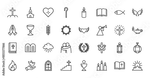 Christian religion line icon set. Vector pictograms of church, cross, bible, dove, angel, prayer, chalice, candle and easter symbols, thin outline illustration.