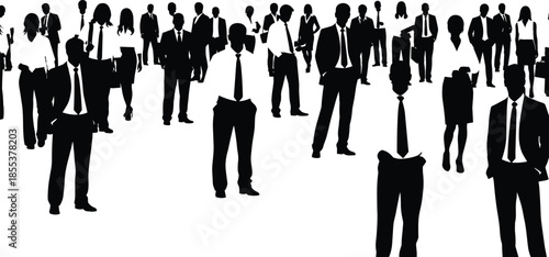 Business crowd silhouettes, formal attire, corporate group, professional diversity, black illustration, networking scene, workplace concept, minimal style, team interaction, unity