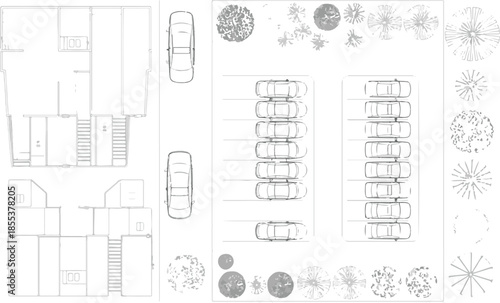 Architectural floor plan with parking lot top view and vehicle silhouettes on grid map