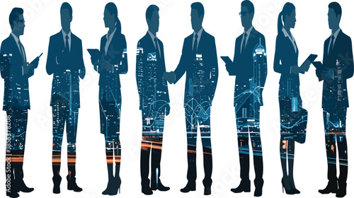 Business silhouettes with cityscape overlay, formal attire, teamwork concept, urban professionals, corporate networking, modern design, diversity, collaboration, digital infrastructure
