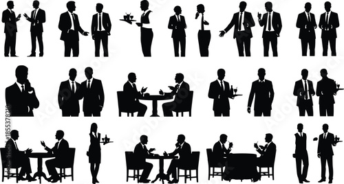 Business silhouettes, formal attire, waiter service, social interaction, black figure illustration, dining scene, professional meeting, minimal style, hospitality concept, elegant pose