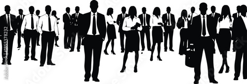 Business team silhouettes, formal attire, walking and standing poses, corporate group, black illustration, professional diversity, minimal style, teamwork concept, unity