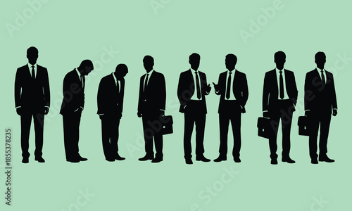 Businessman silhouette transformation, posture evolution, briefcase gesture, confidence growth, black figure sequence, green background, professional development, minimal style, career concept