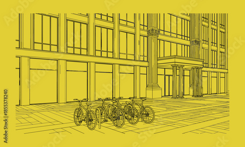 Architectural line drawing, classical building facade, yellow background, urban design, bicycle parking, vector illustration, modern infrastructure, symmetrical structure, cityscape art