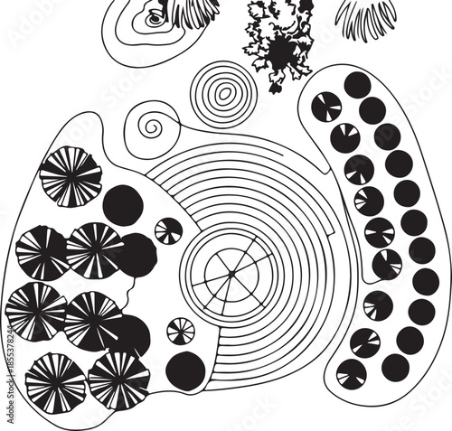 Architectural plan of a garden layout with circular elements and trees