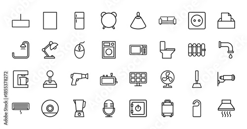 Household appliances and furniture line icon set. Vector pictograms of refrigerator, sofa, microwave, fan, shower, lamp and toilet, thin outline illustration.