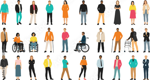 Inclusive community illustration, diverse people, mobility aids, accessibility concept, colorful design, representation, social unity, disability awareness, modern style, demographic diversity