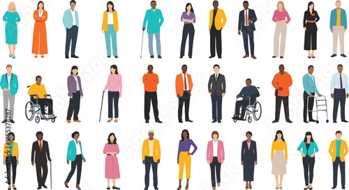 Inclusive people illustration, diverse community, mobility aids, accessibility concept, colorful design, representation, social unity, disability awareness, modern style, demographic diversity