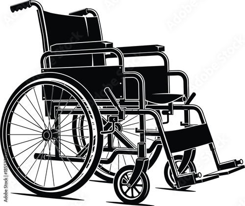 Manual wheelchair illustration, black and white sketch, mobility aid, assistive device, disability support, vector drawing, accessibility symbol, healthcare equipment
