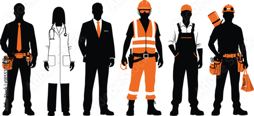 Profession silhouette illustration, diverse careers, construction worker, doctor, businessperson, technician, safety gear, black and orange design, workforce concept, job diversity