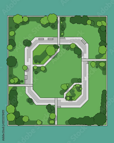 Bird's-eye view of a meticulously designed urban park featuring geometric pathways, lush greenery, benches, trees, and a central open space, perfect for recreation and relaxation