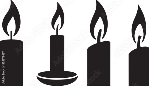Burning candle silhouettes set with wax bodies and rising flame minimalist memorial illustrations