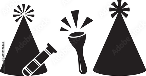 Party accessories collection silhouette set including festive hats noisemakers and celebration poppers