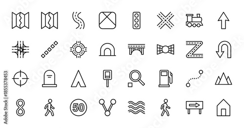 Map and navigation line icon set. Vector pictograms of GPS route, traffic light, train, bridge, tunnel, road, pin, gas station, roundabout, thin outline illustration.