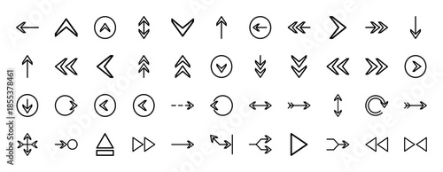 Navigation arrow line icon set. Vector pictograms of pointer, cursor, chevron, direction, next, back, loop, refresh, upload and play signs, thin outline illustration.