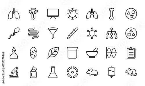 Science and laboratory line icon set. Vector pictograms of microscope, lungs, test tube, mouse, molecule, virus, pipette, beaker, dna, thin outline illustration.