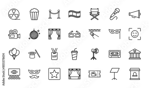 Cinema and entertainment line icon set. Vector pictograms of film reel, popcorn, microphone, camera, glasses, ticket, curtain, spotlight, chair, thin outline illustration.