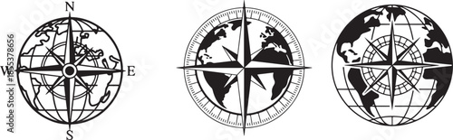 Set of black globes with compass roses showing cardinal points navigation and travel