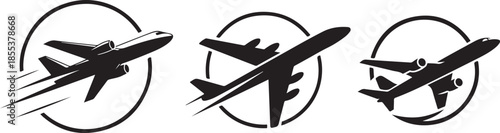 Set of black flying airplane silhouettes in circle frames representing air travel and flight