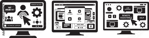 Computer monitor screens showing remote access settings and technical support interfaces
