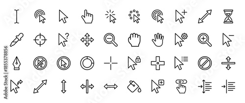 User interface cursor line icon set. Vector pictograms of arrow pointer, mouse click, hand, hourglass, text beam, crosshair, resize, zoom, move, thin outline illustration.