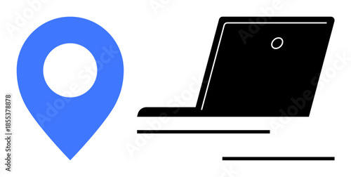 Online navigation, remote work, logistics, technology, distance learning, location services. Blue map pin next to a black laptop. Online navigation and remote work concepts