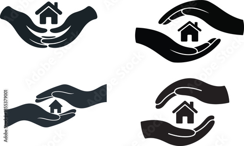 Hands holding house care giving protection insurance shelter home logo collection