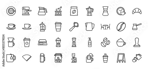 Coffee shop line icon set. Vector pictograms of espresso machine, french press, grinder, beans, moka pot, latte, croissant, tamper and kettle, thin outline illustration.
