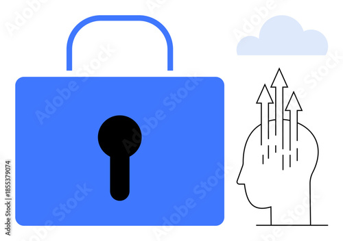 Data security concept. Data security d with a blue lock and human head arrows for innovation. Data security for IT, cloud security, creativity, business, technology