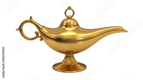 Ornate golden genie lamp with a curved handle and a round lid on black background magic lamp aladdin isolated on a transparent background