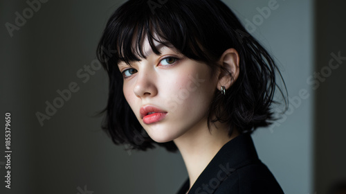 黒い衣装を着たショートヘアーの女性