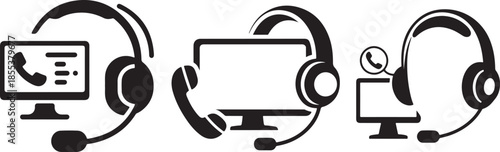 Collection of headset and computer monitor icons for call center or technical support services