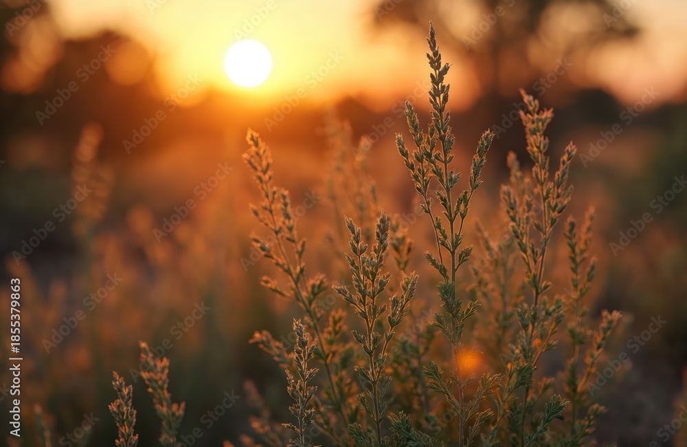 Obraz premium Wild grass and bush plants grow in outback. Golden sun sets behind vegetation. Warm sunset light illuminates dry landscape. Peaceful nature scene.