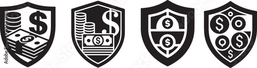 Shield icons with money coins and bills for finance and security