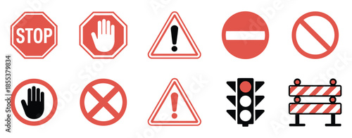 Red Warning and Prohibition Signs, Including Flat Vector Icons of Stop, Hand, Danger, No Entry, Traffic Lights, and Barriers, Suitable for Safety Posters, Traffic Management