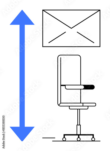 Workplace ergonomics, productivity, office communication, remote work, efficiency, business operations. Office chair, vertical arrow and email symbol in minimalist style. Workplace ergonomics