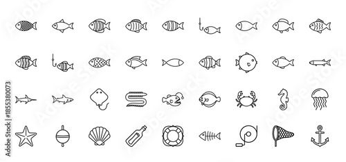 Marine life and fishing line icon set. Vector pictograms of fish, shark, crab, seahorse, jellyfish, starfish, anchor, shell and net, thin outline illustration.