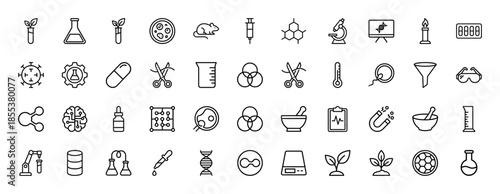 Science and laboratory line icon set. Vector pictograms of microscope, dna, flask, molecule, atom, syringe, virus, bacteria, plant and beaker, thin outline illustration.