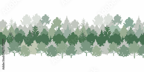 A seamless pattern of stylized evergreen trees in varying shades of green